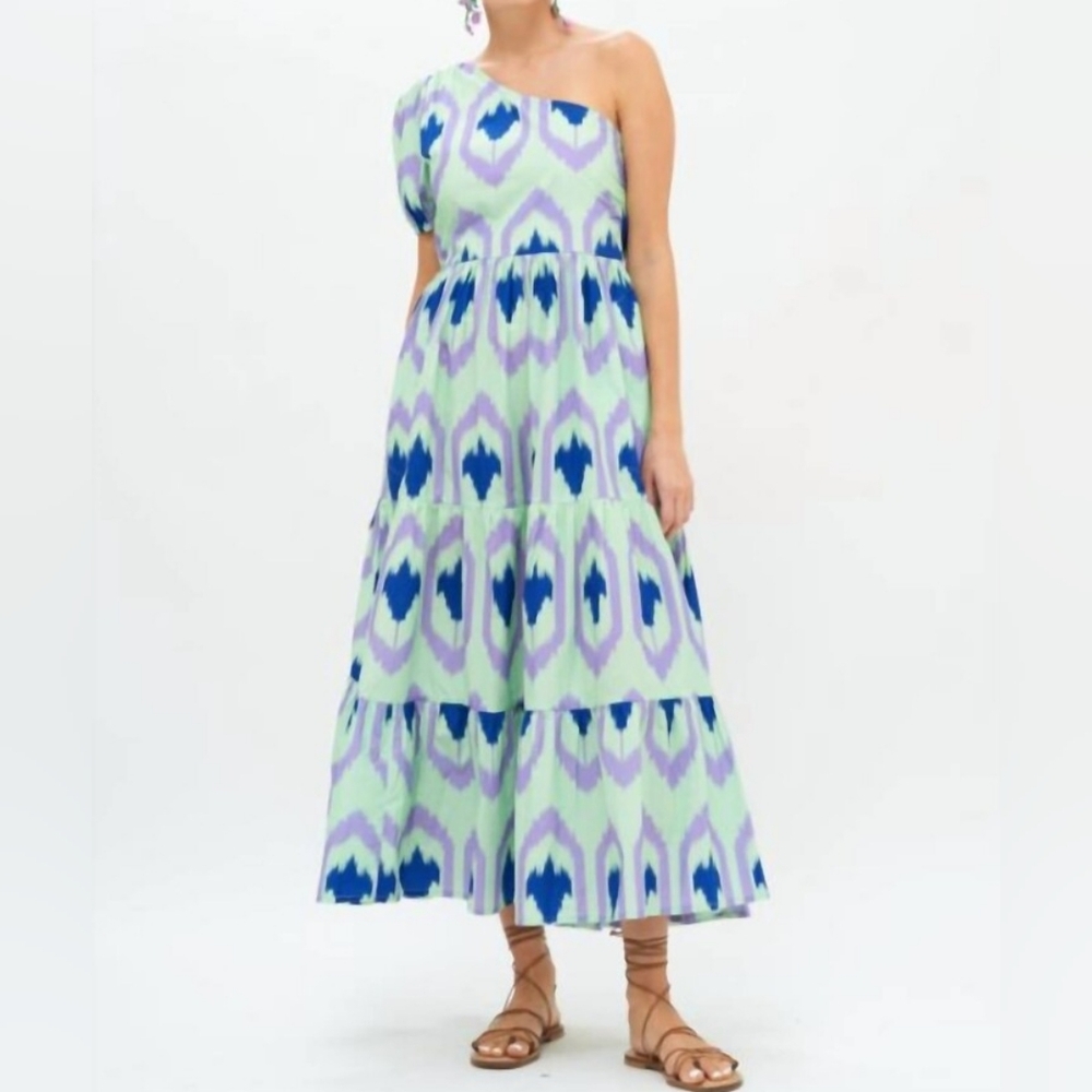 Oliphant One-Shoulder Odisha In Multi Green/Blue/ Purple Maxi Dress Medium EUC